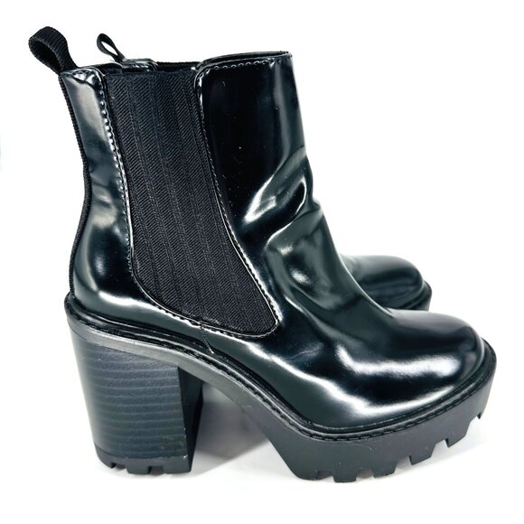Zara Womens Black Glossy Leather Chunky Heel Chelsea Ankle Boots Size 36 EU - Picture 2 of 11